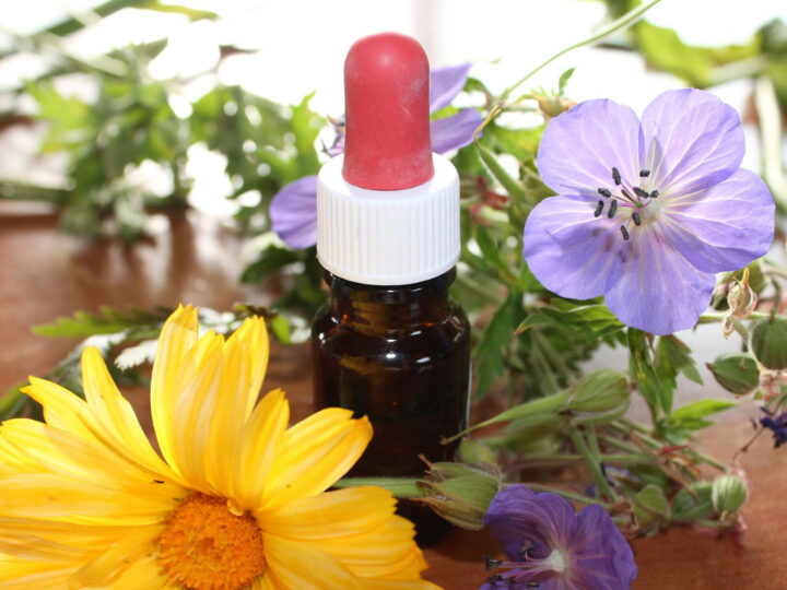 © Bio Ernte Steiermark Braunglasflasche mit Blumen