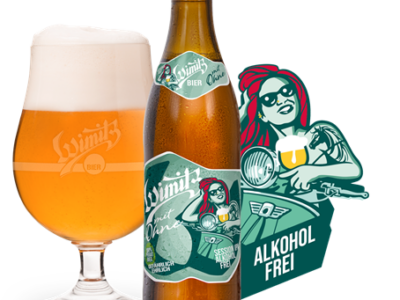 Bierglas, Bierflasche, Als Logo eine Frau auf der rechten Seite und auch auf der Bierflasche