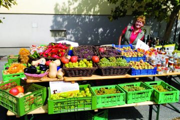 Biobäuerin mit Gemüsestand am Bio-Fest in Frauenkirchen im Burgenland.